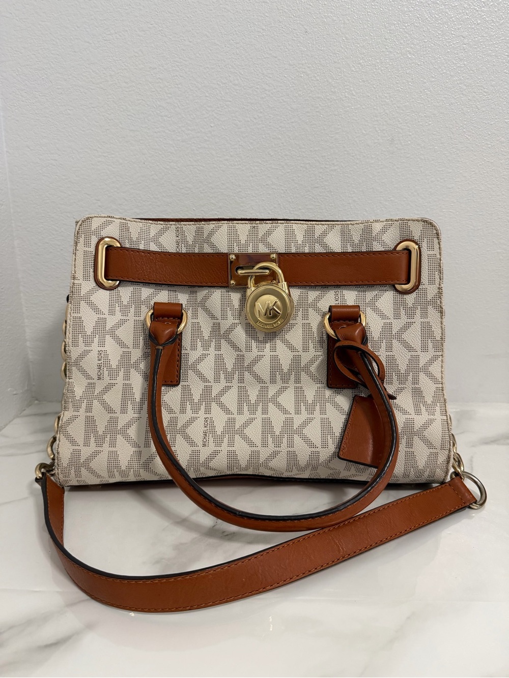 Michael Kors Hamilton Medium Satchel  Mk signature vanilla canvas
